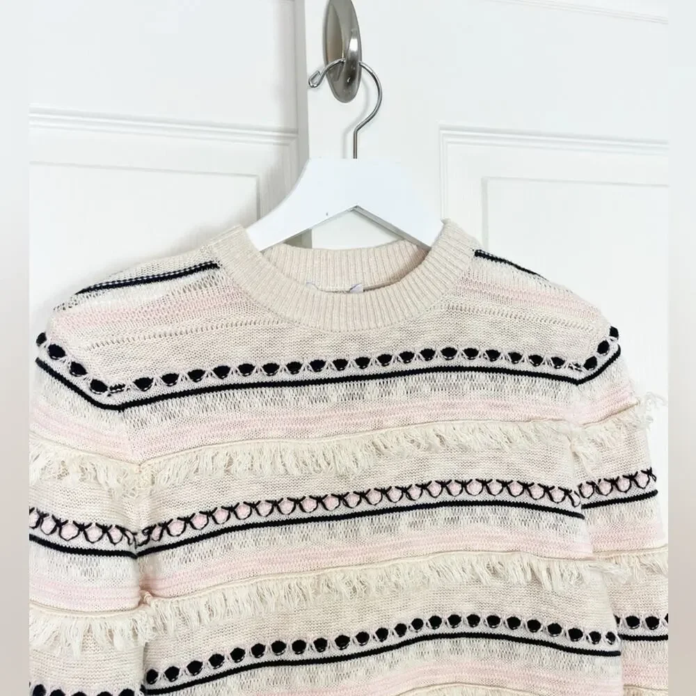 & Other Stories Striped Fringe Trim Sweater Blush Pink Cream Cotton Blend Sz S